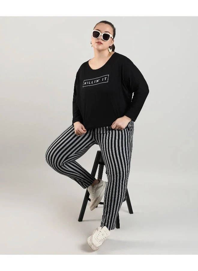 انستافاب بلس بلوزة نسائية سوداء منتصف الليل للارتداء اليومي بياقة دائرية وأكمام طويلة